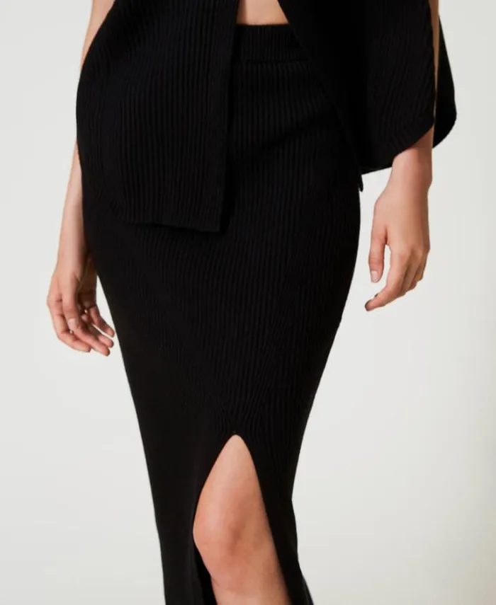 Twinset Skirts Ribbed Knit Midi Skirt Black 8211 Clothing