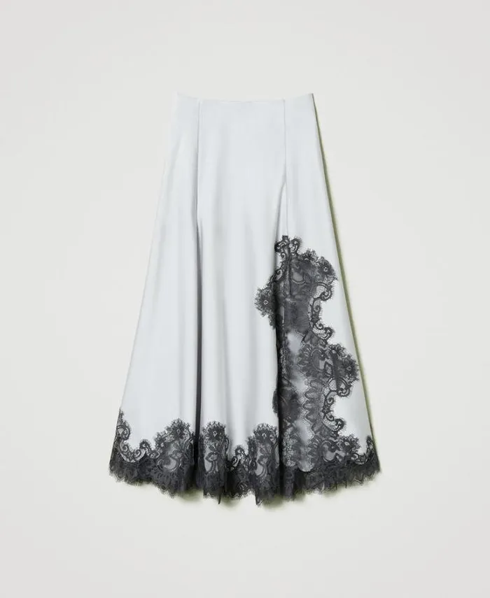 Twinset Skirts Satin And Lace Long Skirt Twotone Silver Blackened Pearl Grey 8211 Clothing
