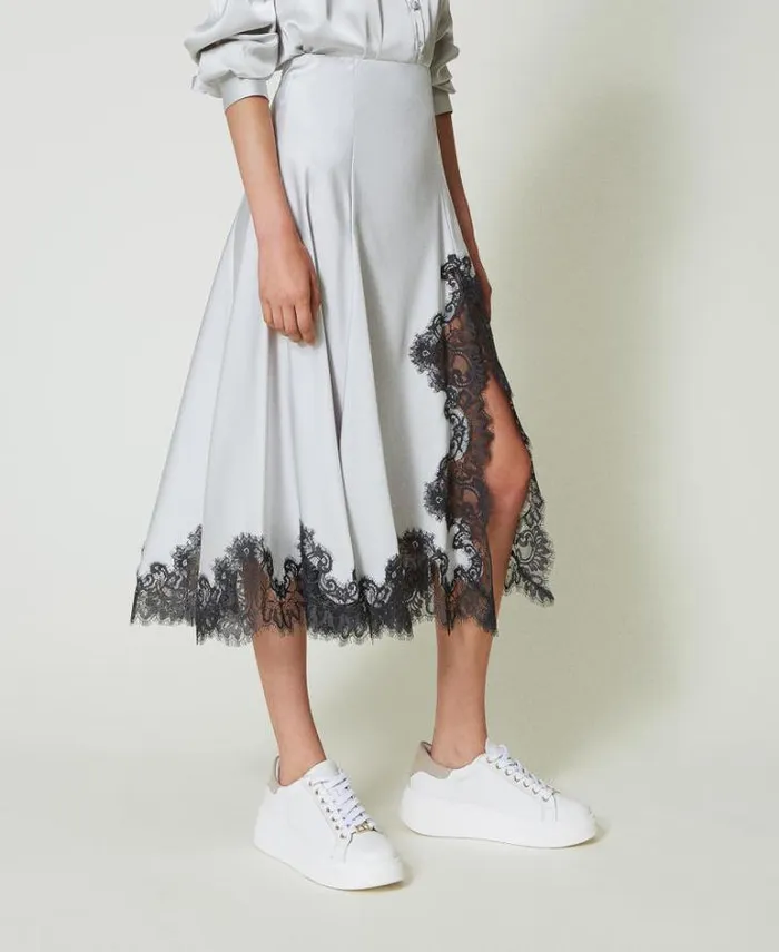 Twinset Skirts Satin And Lace Long Skirt Twotone Silver Blackened Pearl Grey 8211 Clothing