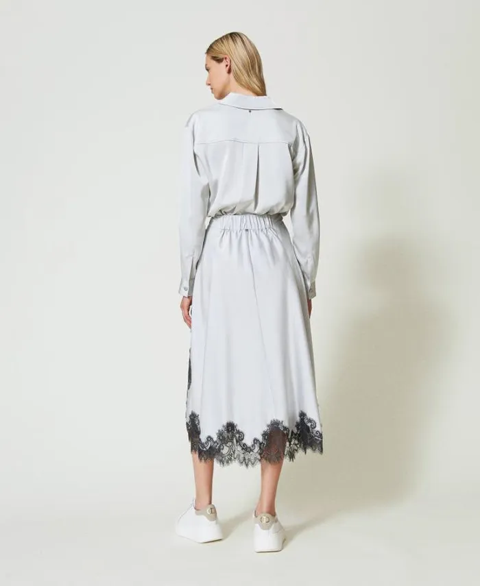 Twinset Skirts Satin And Lace Long Skirt Twotone Silver Blackened Pearl Grey 8211 Clothing