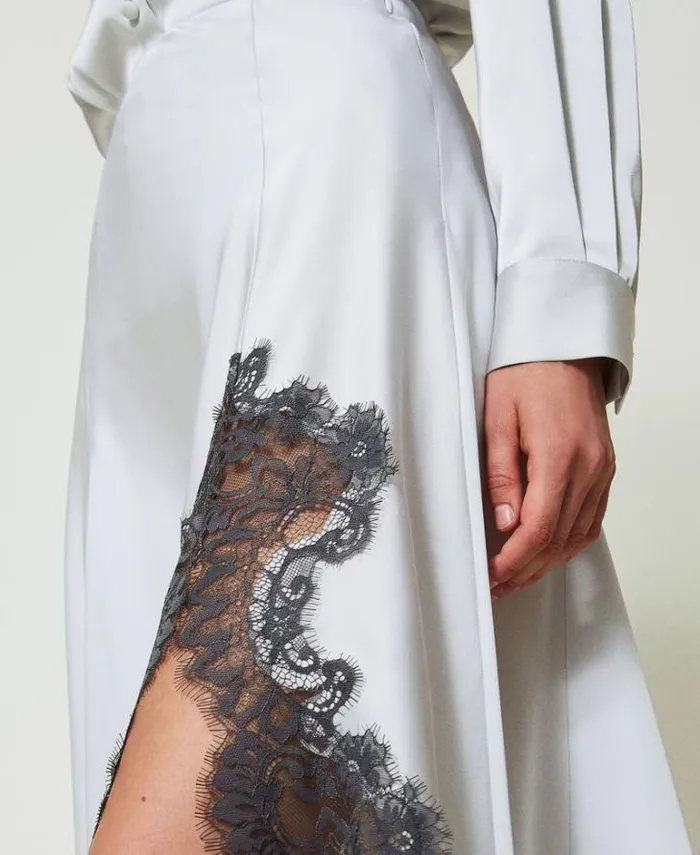 Twinset Skirts Satin And Lace Long Skirt Twotone Silver Blackened Pearl Grey 8211 Clothing