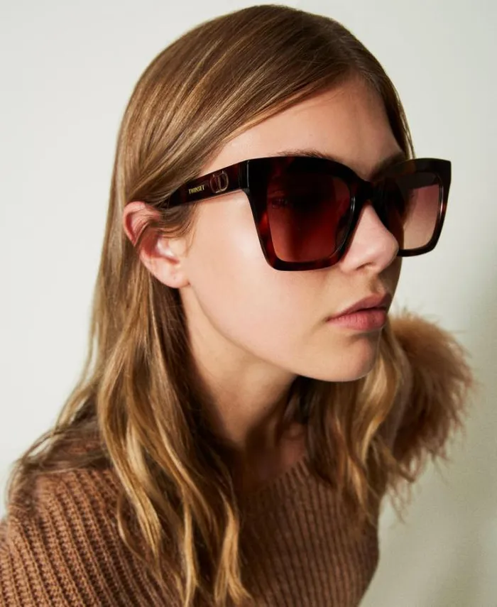 Twinset Sunglasses Tortoiselike Square Sunglasses Shiny Dark Havana 8211 Accessories