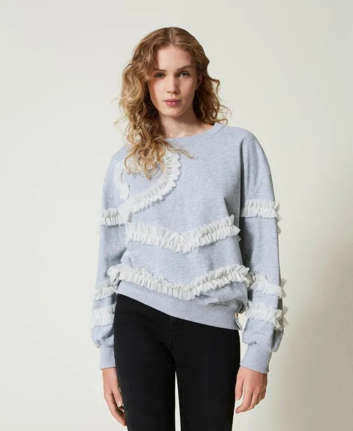 Twinset Sweatshirts Mottled Sweatshirt With Tulle Ruffles Twotone Mid Melange Grey Motherofpearl 8211 Clothing Twinset Sweatshirts Mottled Sweatshirt With Tulle Ruffles Twotone Mid Melange Grey Motherofpearl 8211 Clothing