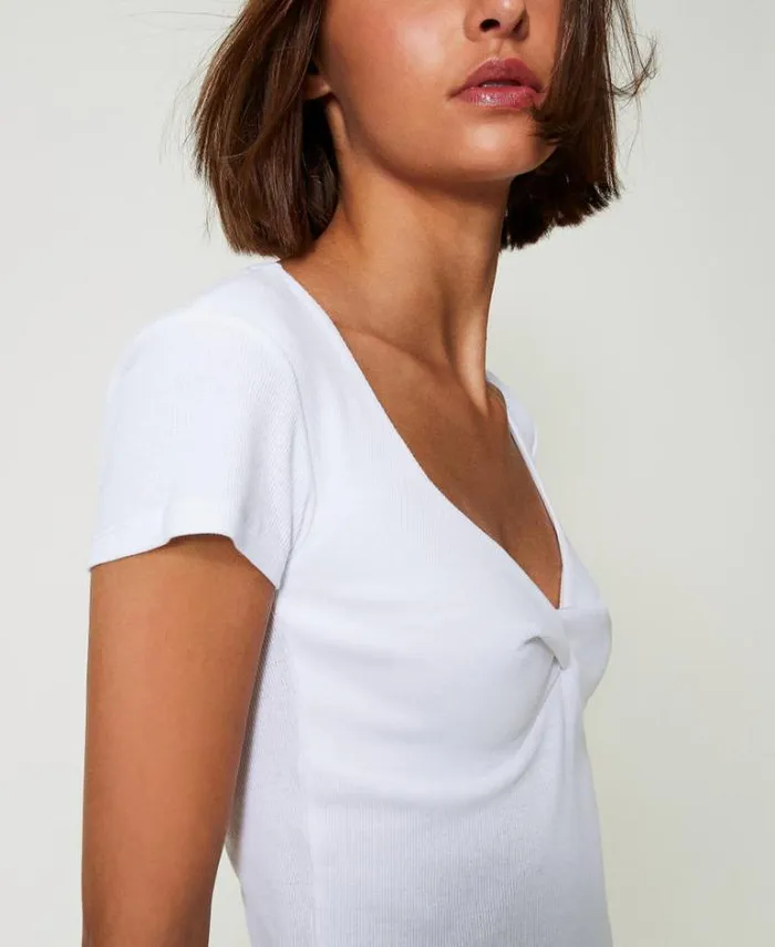 Twinset TShirts And Tops Ribbed Tshirt With Knot 034papers034 White 8211 Clothing