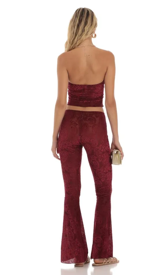 Velvet Mesh Two Piece Set Maroon Women LUCY IN THE SKY Pants Velvet Mesh Two Piece Set Maroon Women LUCY IN THE SKY Pants
