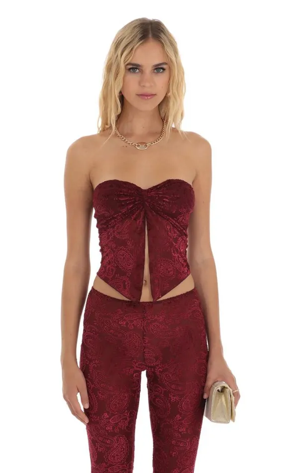 Velvet Mesh Two Piece Set Maroon Women LUCY IN THE SKY Pants Velvet Mesh Two Piece Set Maroon Women LUCY IN THE SKY Pants