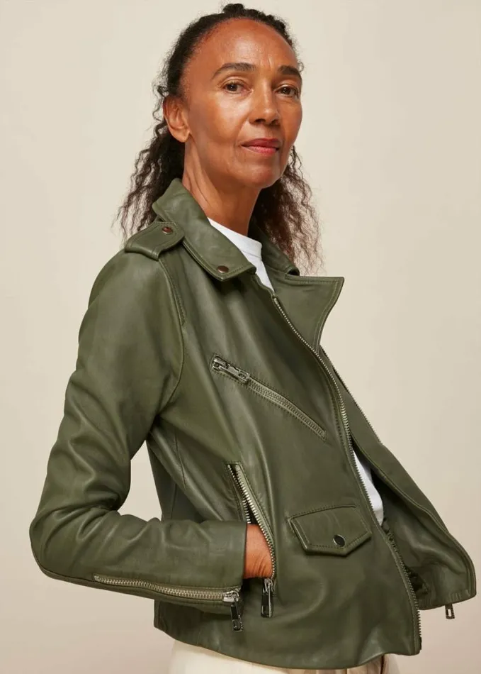 Whistles Agnes Pocket Leather Jacket Khaki Women Coats and Jackets