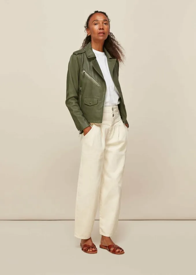 Whistles Agnes Pocket Leather Jacket Khaki Women Coats and Jackets