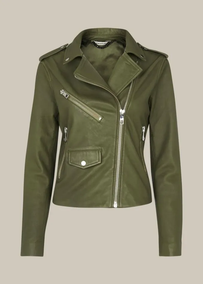 Whistles Agnes Pocket Leather Jacket Khaki Women Coats and Jackets