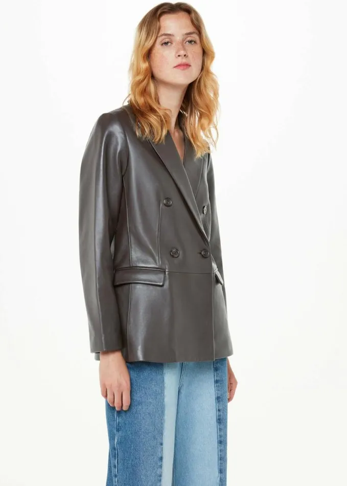Whistles Aliza Waisted Leather Blazer Burgundy Women Coats and Jackets