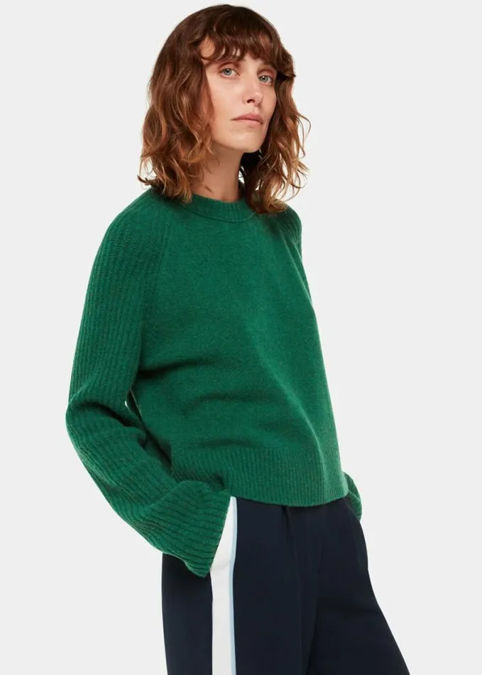 Whistles Anna Wool Mix Crew Knit Dark Green Women Sweaters and Cashmere