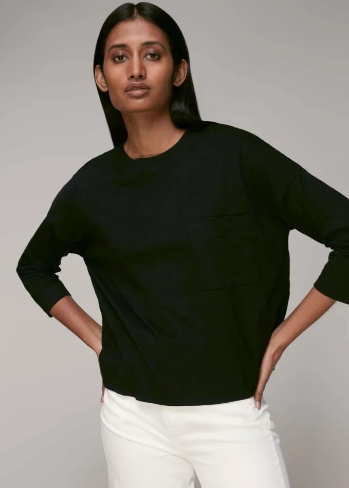 Whistles Cotton Pocket Top Black Women Tops