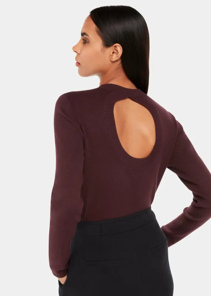 Whistles Keyhole Back Crew Neck Knit Burgundy Women Sweaters and Cashmere