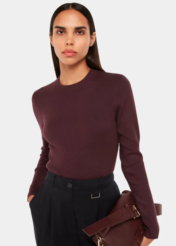 Whistles Keyhole Back Crew Neck Knit Burgundy Women Sweaters and Cashmere