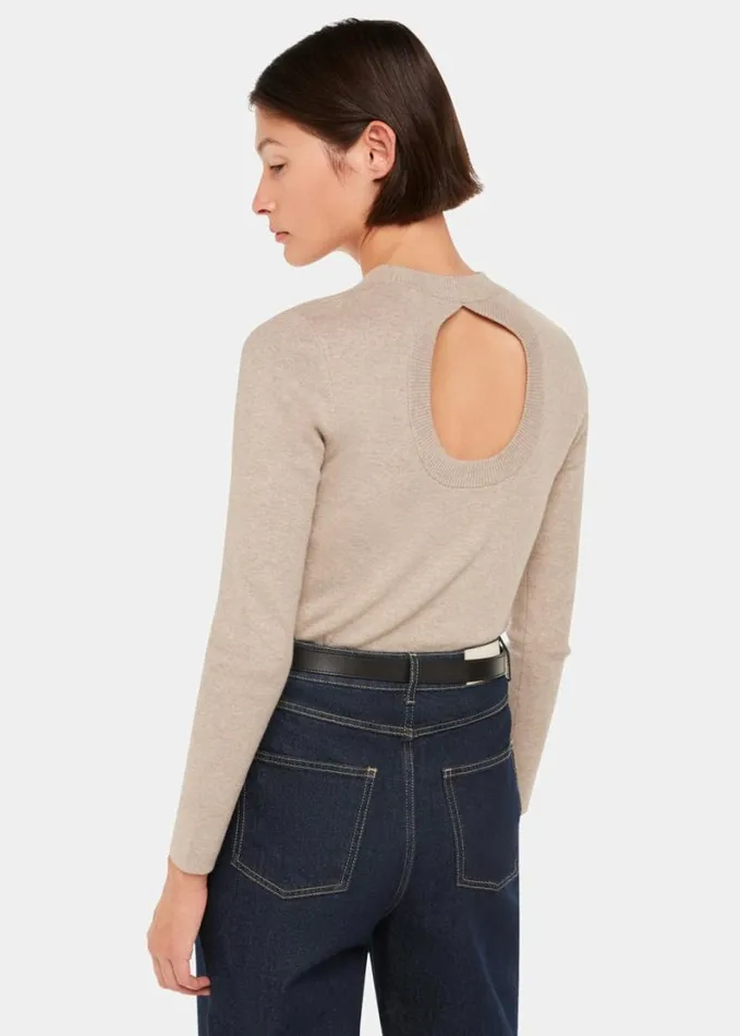 Whistles Keyhole Back Crew Neck Knit Neutral Women Sweaters and Cashmere