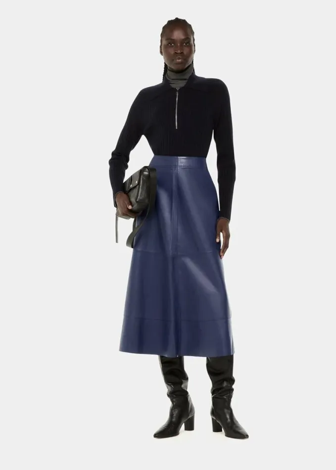Whistles Leather Circle Skirt Navy Women Skirts