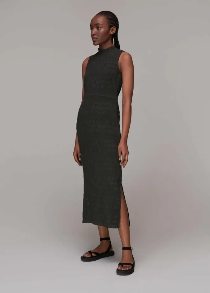 Whistles Maya Plisse Midi Dress Black Women Dresses