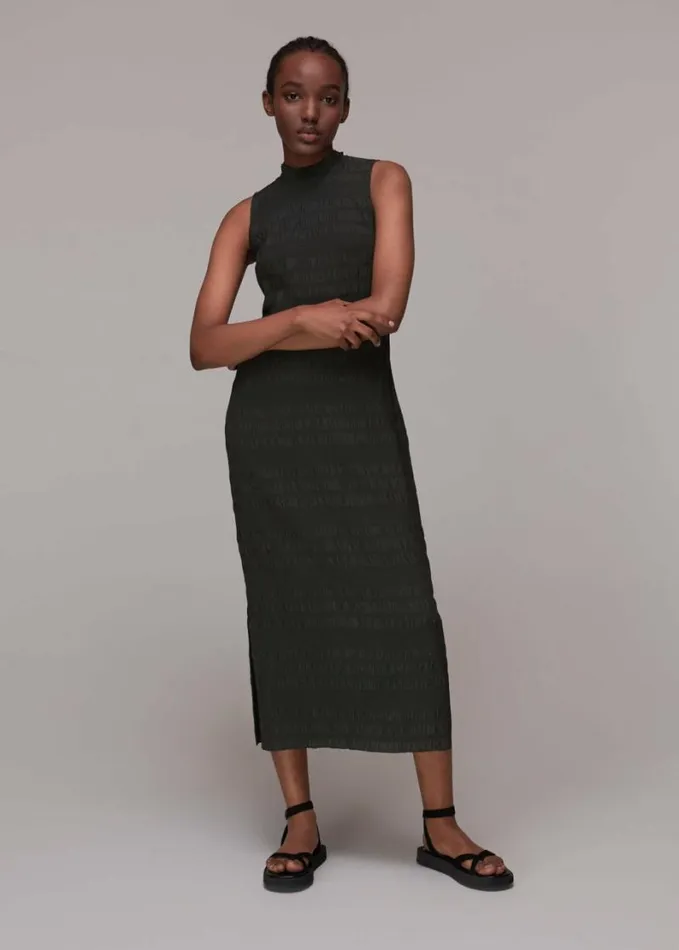 Whistles Maya Plisse Midi Dress Black Women Dresses