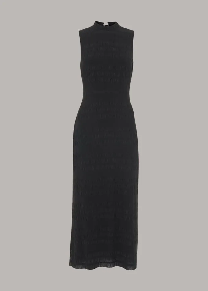 Whistles Maya Plisse Midi Dress Black Women Dresses