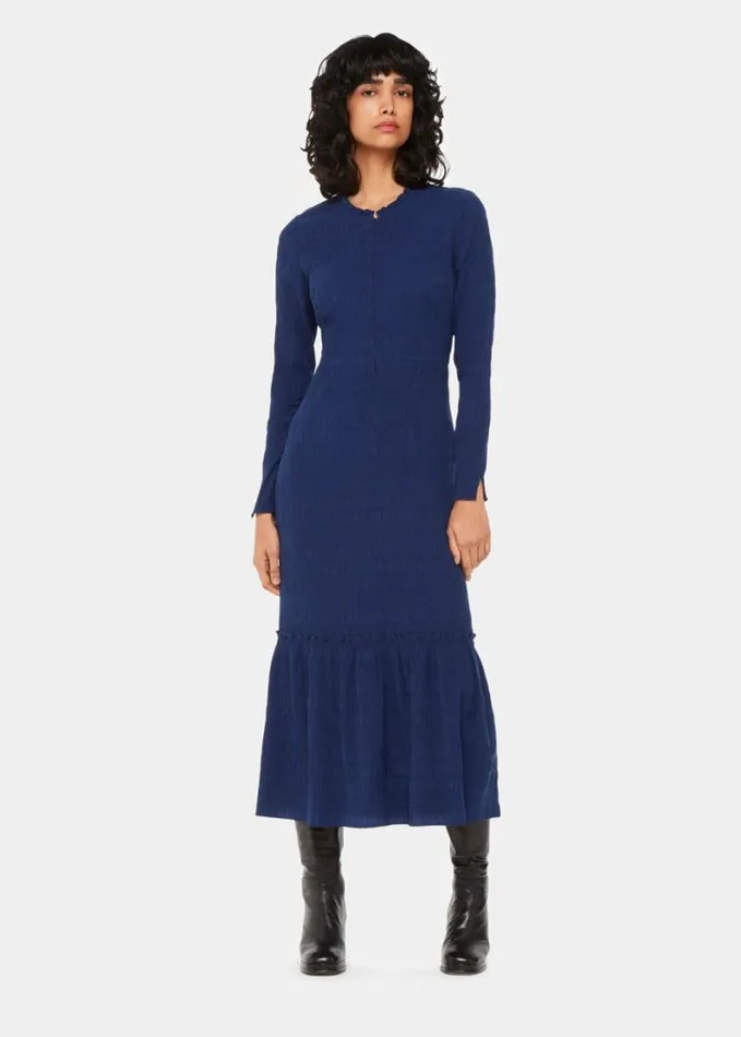 Whistles Mila Textured Dress Navy Women Dresses