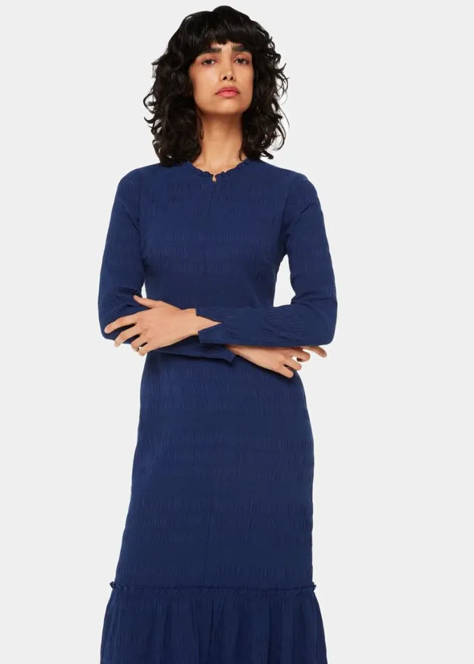 Whistles Mila Textured Dress Navy Women Dresses