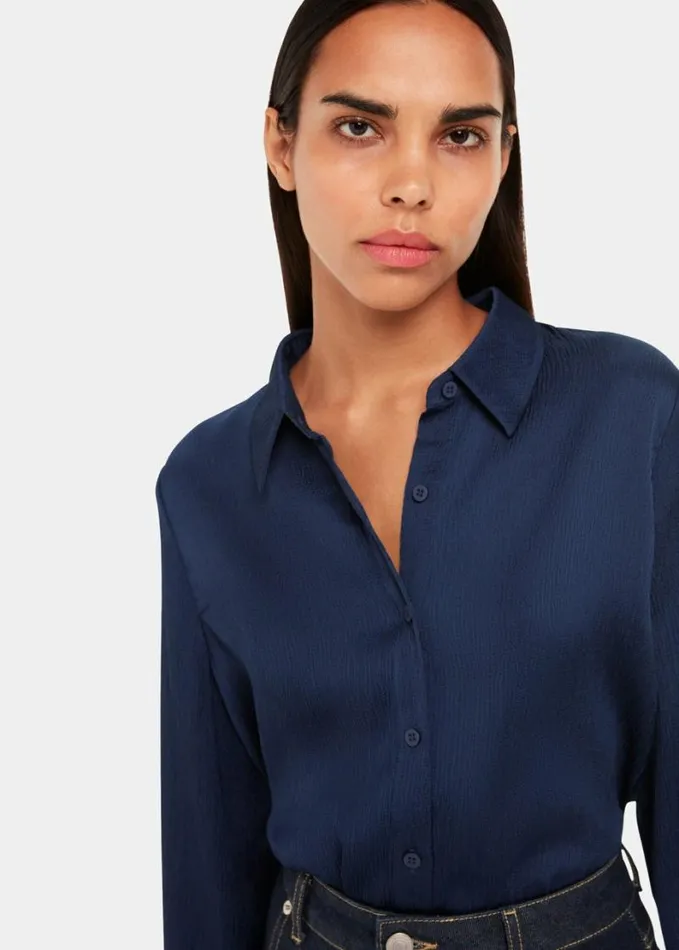 Whistles Molly Satin Shirt Navy Women Tops