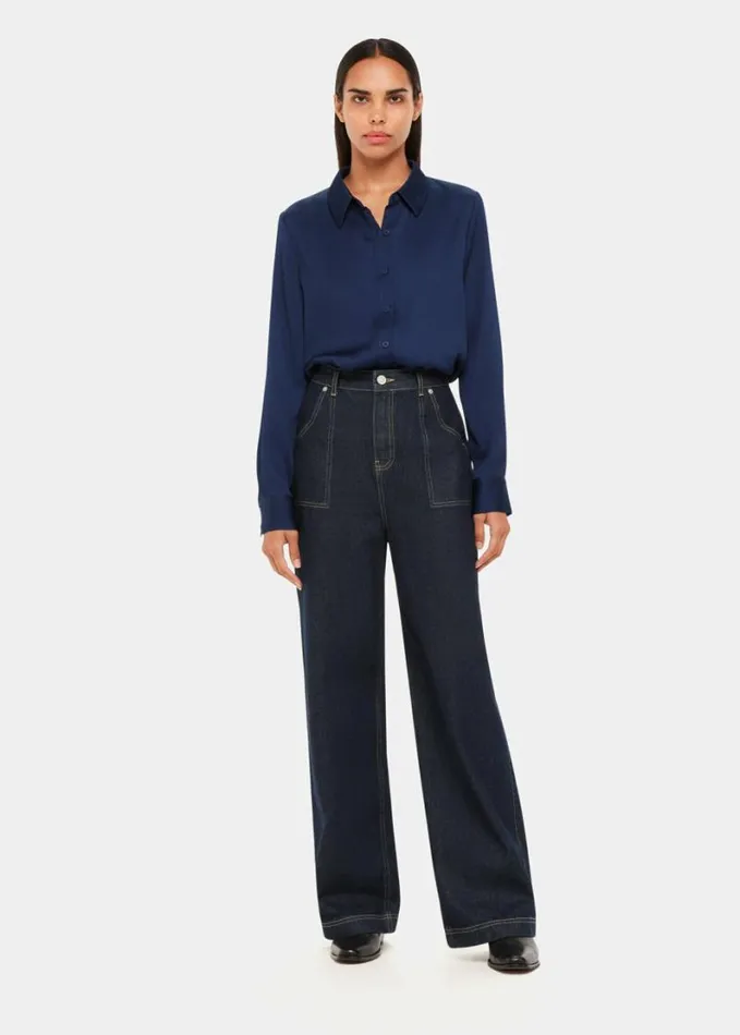Whistles Molly Satin Shirt Navy Women Tops