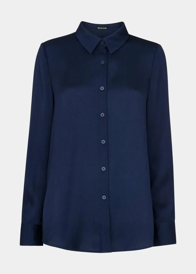 Whistles Molly Satin Shirt Navy Women Tops