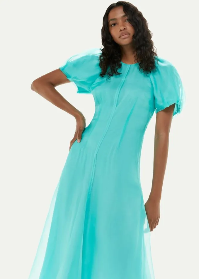 Whistles Organza Silk Puff Sleeve Dress Turquoise Women Dresses