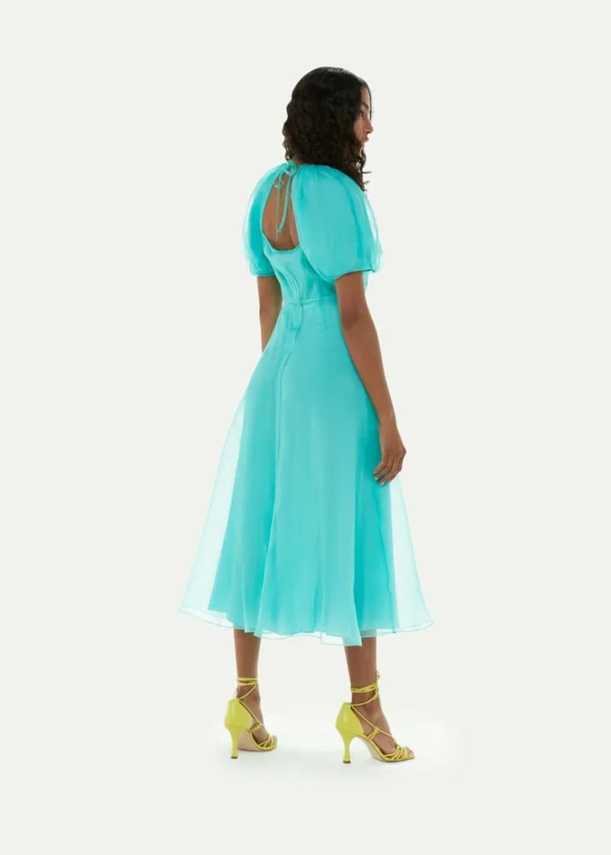 Whistles Organza Silk Puff Sleeve Dress Turquoise Women Dresses