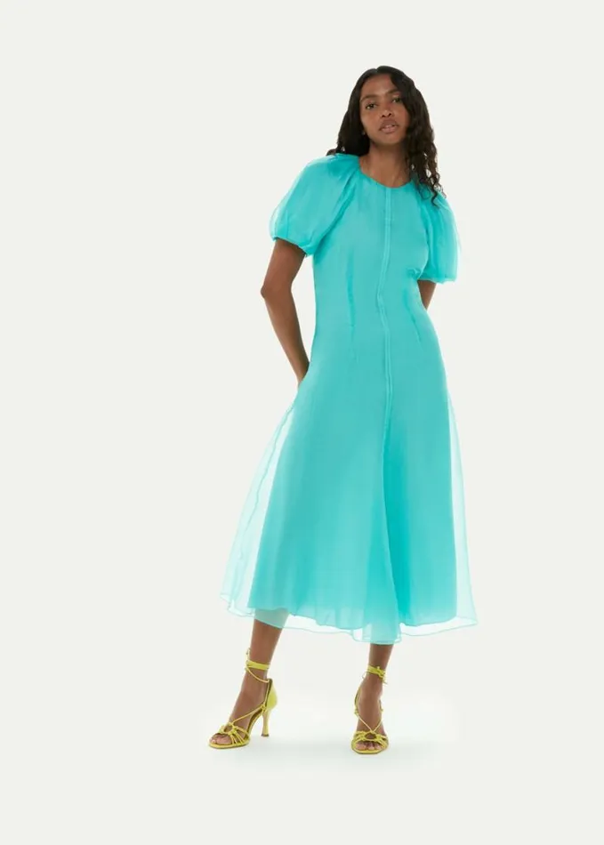Whistles Organza Silk Puff Sleeve Dress Turquoise Women Dresses