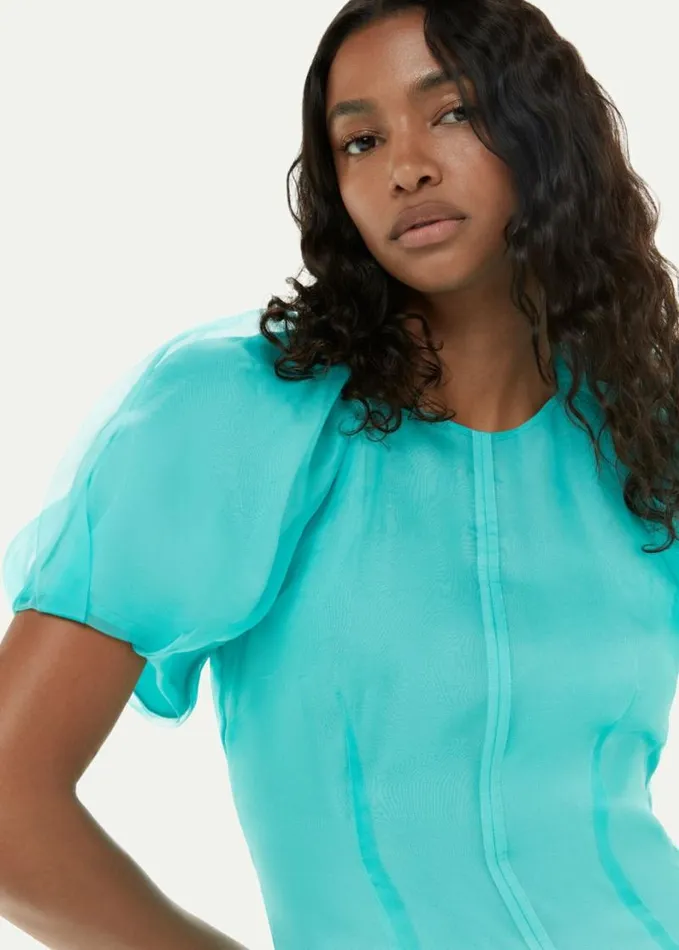 Whistles Organza Silk Puff Sleeve Dress Turquoise Women Dresses