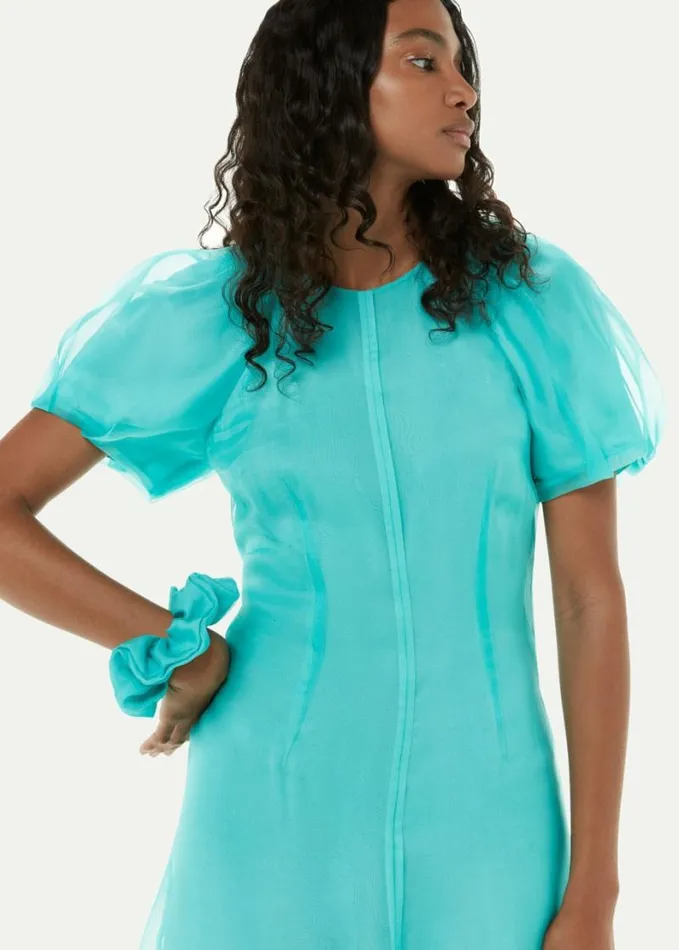 Whistles Organza Silk Puff Sleeve Dress Turquoise Women Dresses