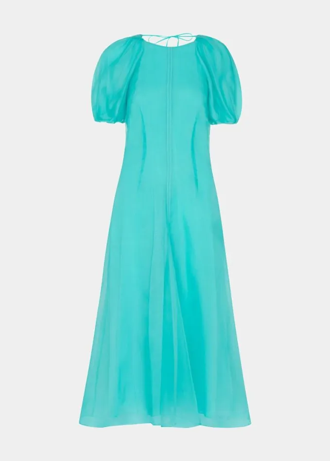 Whistles Organza Silk Puff Sleeve Dress Turquoise Women Dresses