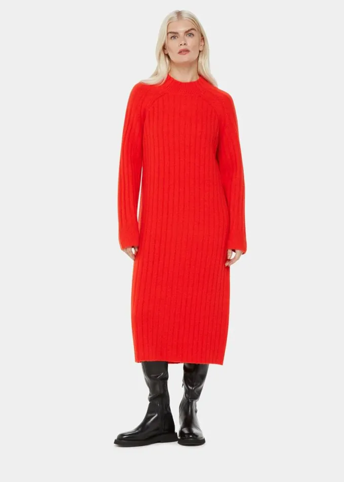 Whistles Petite Ribbed Knitted Midi Dress Red Women Petite Dresses and Jumpsuits