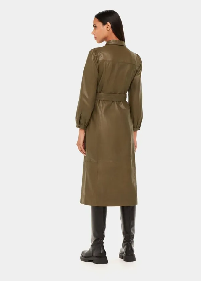 Whistles Phoebe Leather Shirt Dress Khaki Women Dresses