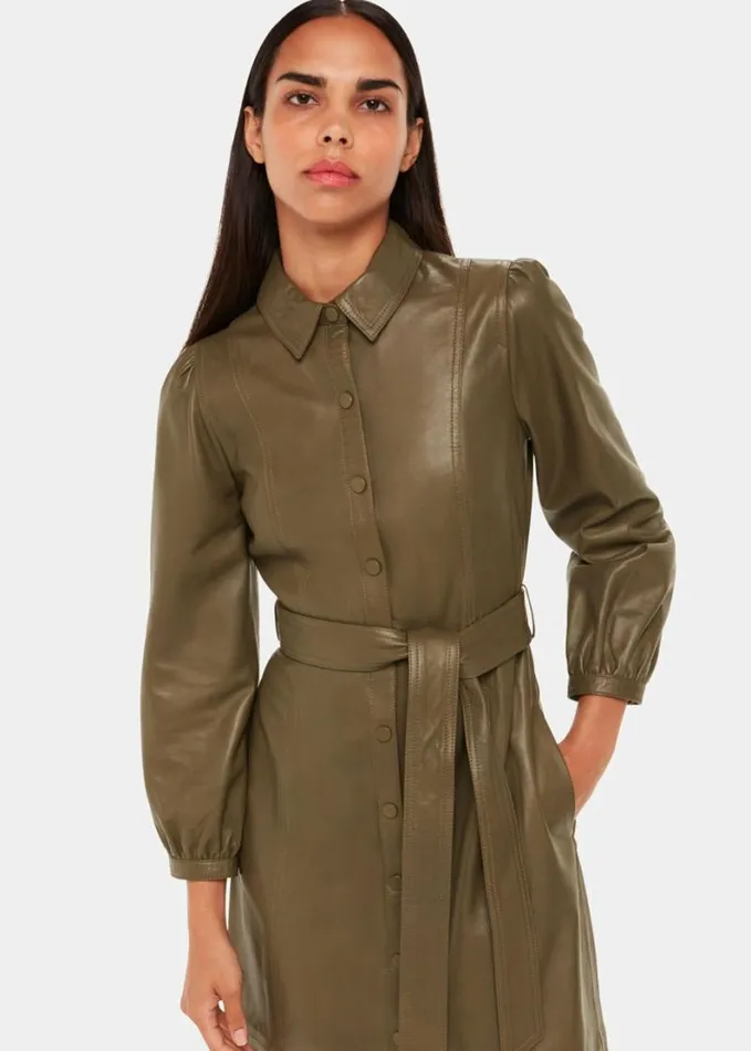 Whistles Phoebe Leather Shirt Dress Khaki Women Dresses