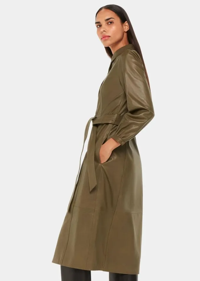 Whistles Phoebe Leather Shirt Dress Khaki Women Dresses