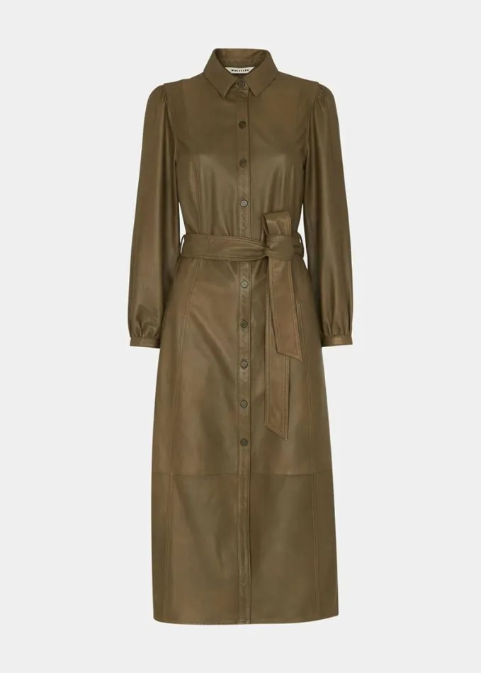Whistles Phoebe Leather Shirt Dress Khaki Women Dresses