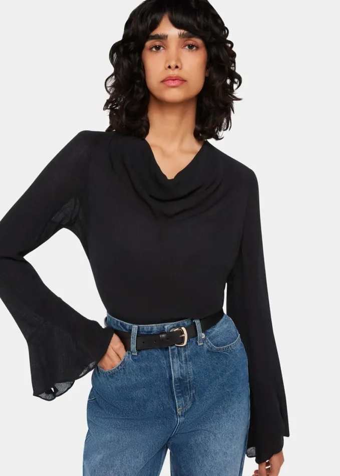 Whistles Pia Plisse Cowl Neck Top Black Women Tops