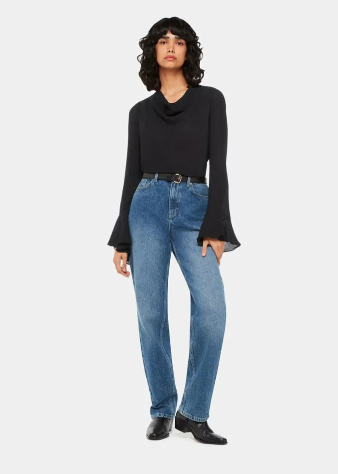 Whistles Pia Plisse Cowl Neck Top Black Women Tops