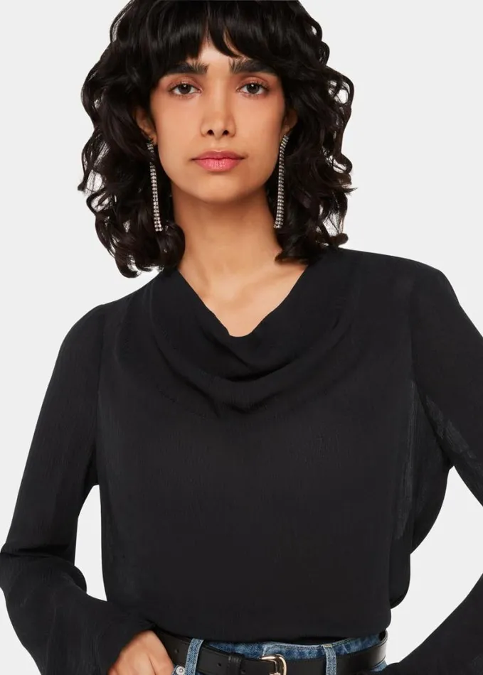 Whistles Pia Plisse Cowl Neck Top Black Women Tops