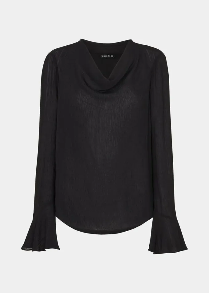 Whistles Pia Plisse Cowl Neck Top Black Women Tops