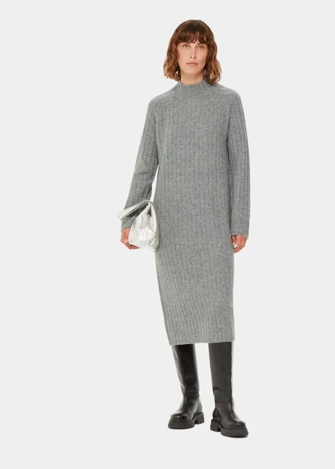 Whistles Ribbed Knitted Midi Dress Grey Women Sweaters and Cashmere