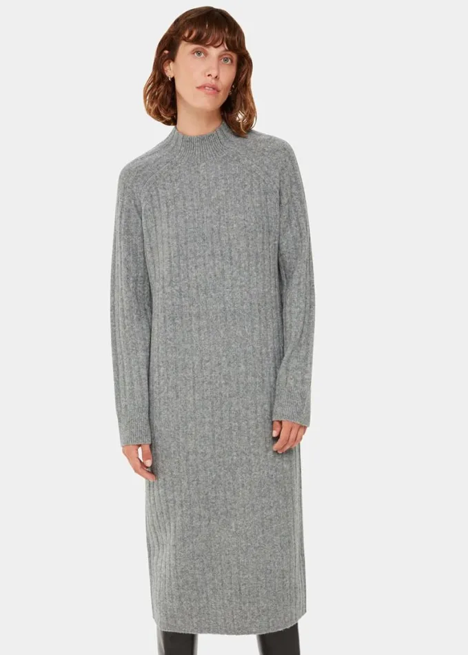 Whistles Ribbed Knitted Midi Dress Grey Women Sweaters and Cashmere