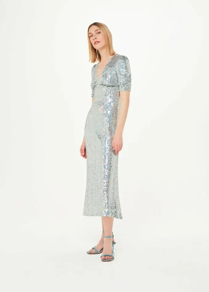 Whistles Sequin Midi Dress Silver Women Dresses