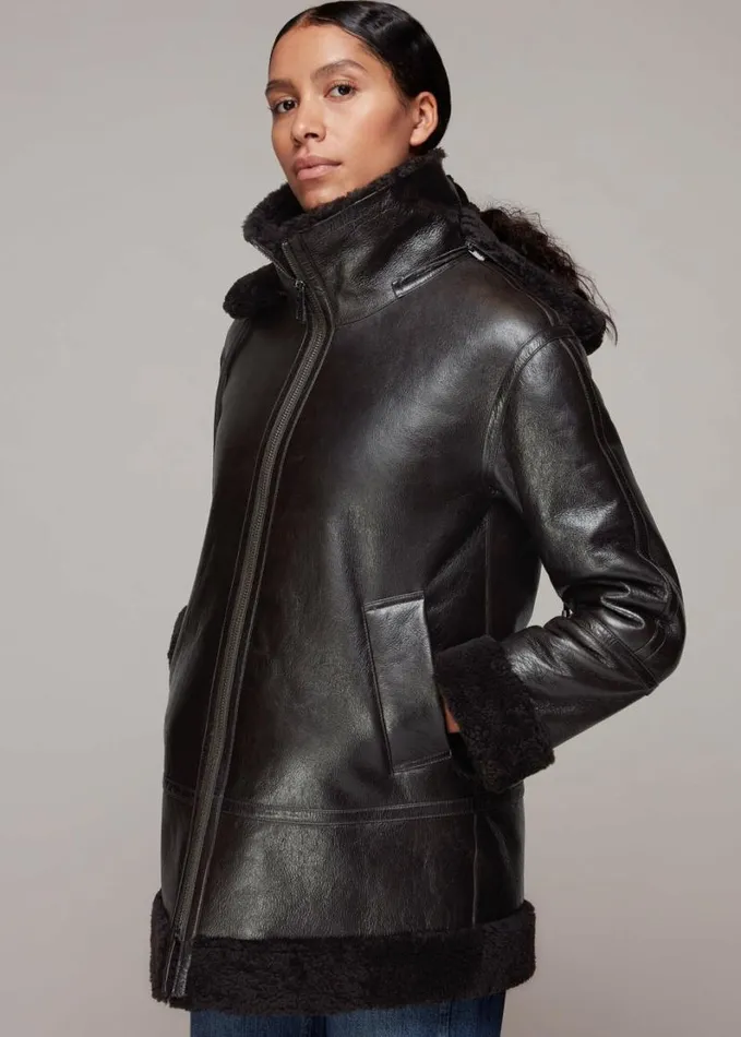 Whistles Shearling Hooded Biker Brown Women Coats and Jackets