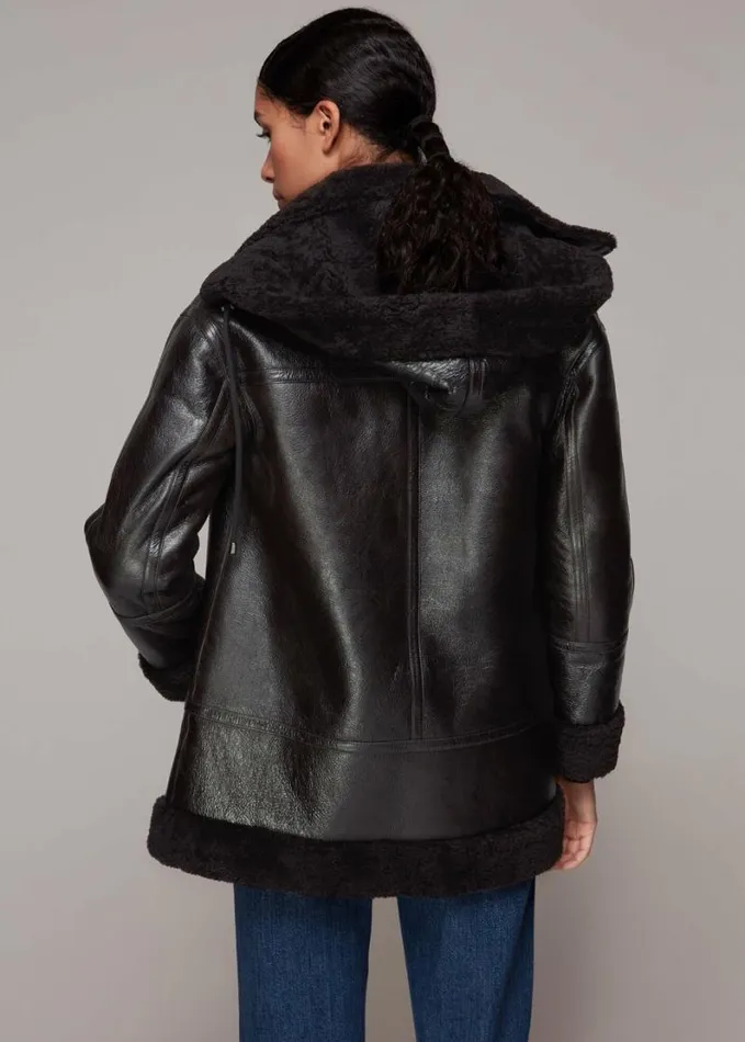 Whistles Shearling Hooded Biker Brown Women Coats and Jackets