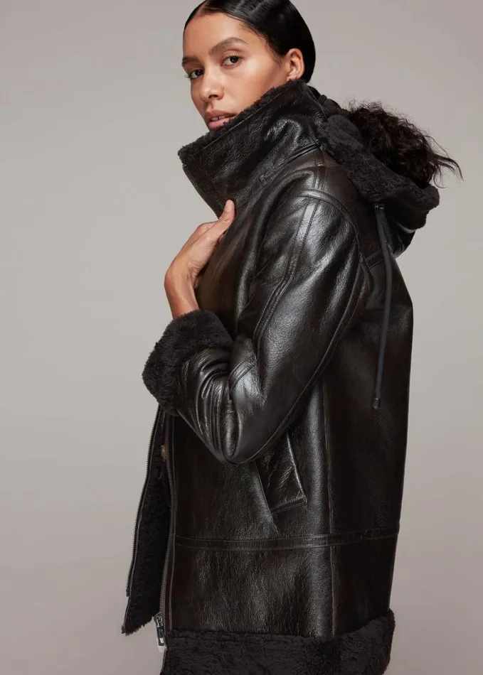 Whistles Shearling Hooded Biker Brown Women Coats and Jackets