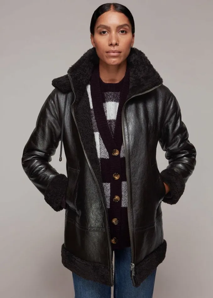 Whistles Shearling Hooded Biker Brown Women Coats and Jackets